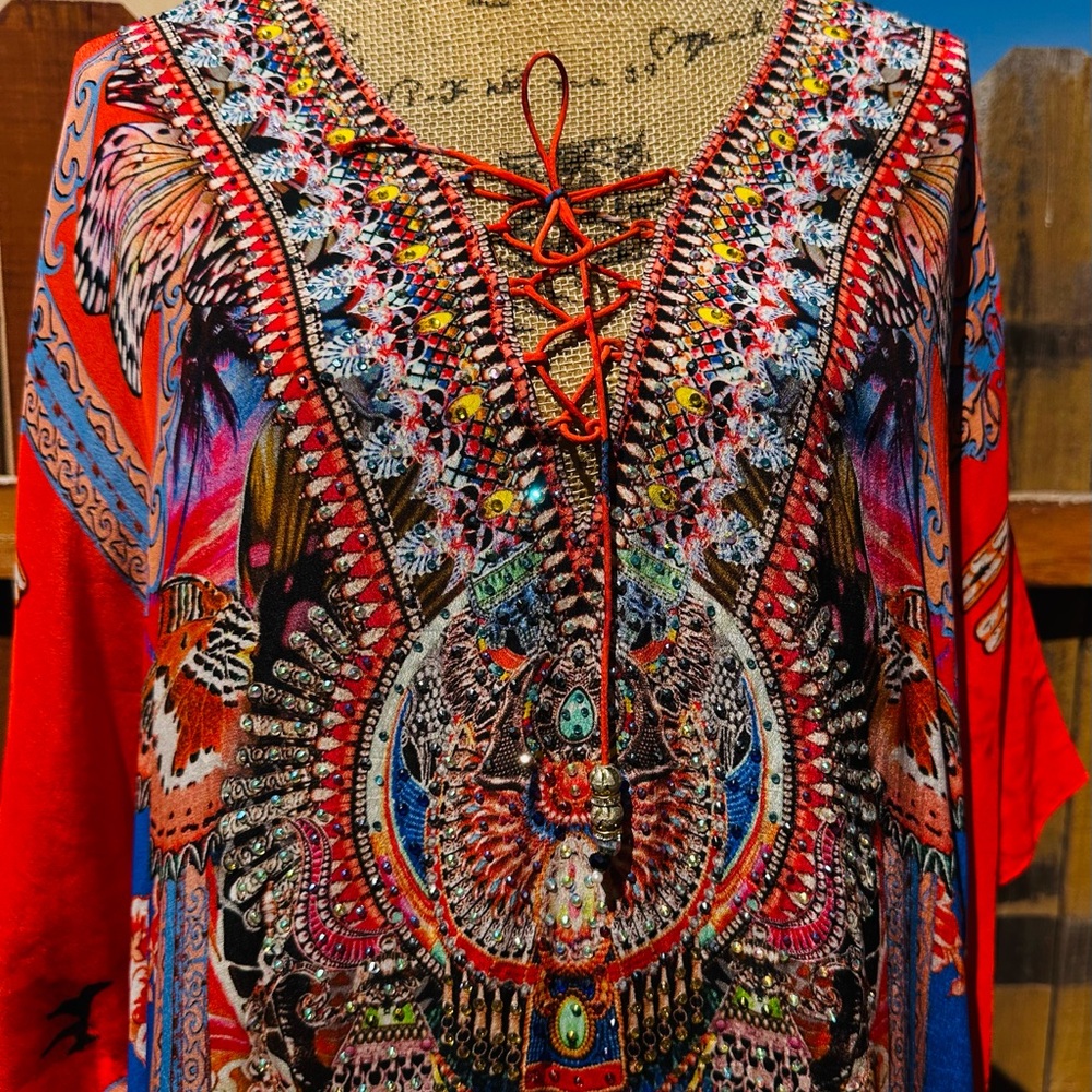 Red Multicolor Embellished Lace-Up Maxi Dress